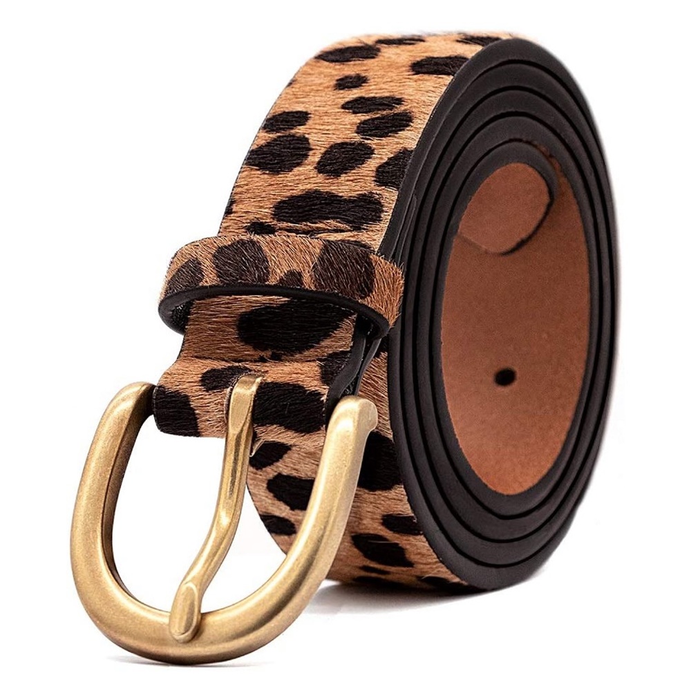 Leopard Print Leather Belt with Alloy Buckle